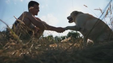 Labrador ya da golden retriever çimlere oturur ve erkek sahibine patisini uzatır. Adam dışarıda köpek eğitiyor. Evcil hayvanlarla arkadaşlık. Arka planda güneş ışığı. Yan Görünüm Yavaş çekim Kapat