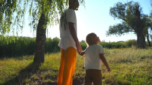Kindje opzoeken op een hoge boom tijdens het wandelen met papa door groene park op zomerdag. Jonge vader en leuke zoon tijd samen doorbrengen buiten. Zonlicht op de achtergrond. Slow motion close-up — Stockvideo