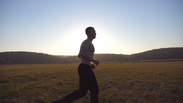 Jeune homme musclé courant à travers le champ avec un beau paysage à l'arrière-plan. L'athlète masculin s'entraîne dans la nature. Un soldat fait son jogging au coucher du soleil. Unité avec la nature. Repos actif sain. Vue latérale Mois lent — Video