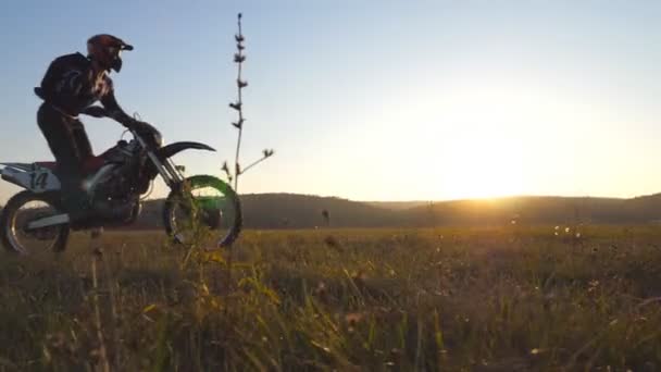 Zwei Motorradfahrer, die durch Feld fahren, mit wunderschönem Sonnenuntergang im Hintergrund. Die warme Sommersonne erhellt die grüne Vegetation der Wiese. Freunde, die aktiv in der Natur unterwegs sind. Extremsportkonzept — Stockvideo