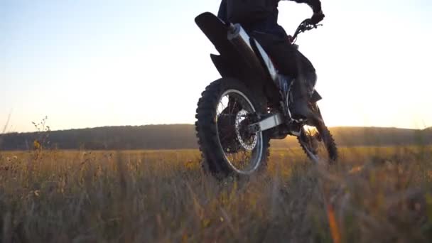 Rowerzysta zatrzymany w dziedzinie oczekiwania dla swojego przyjaciela. Sportowca o łące. Człowiek cieszyć jazdą na motocyklu. Piękny zachód słońca w tle. Zwolnionym tempie, Zamknij się widok z tyłu — Wideo stockowe