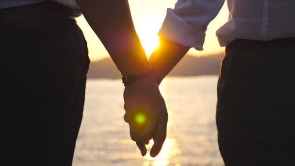 Силуэт мужских и женских рук, держащих друг друга на закате на морском фоне. Молодая пара, соединяющая руки снаружи. Понятие любви и счастья. Закрыть задний обзор Медленное движение — стоковое видео