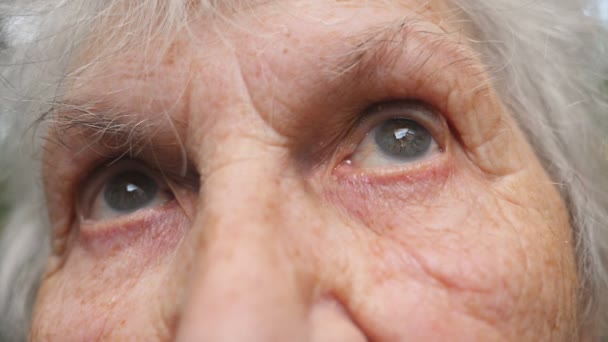 Retrato de la vieja abuela mirando hacia arriba. Cerrar los ojos de una anciana con arrugas a su alrededor — Vídeo de stock