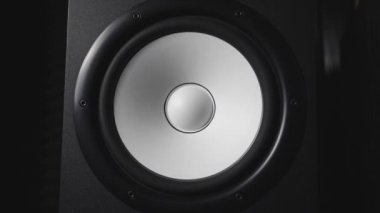 Kayıt stüdyosu modern sub-woofer taşınmayı kapatın. Titreşimli ve ses titreşimli ses hoparlör yuvarlak beyaz düşük frekansta. Yüksek sadakat hoparlör membran eseri. Ağır çekim