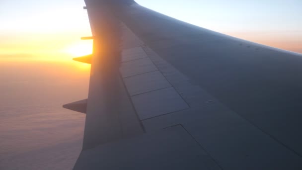 Ala de avión volando por encima de las nubes con luz solar. Vuelo aéreo en el cielo. Concepto de viajar por aire. Viaje en avión con hermoso fondo. Vista desde la ventana del avión al amanecer o al atardecer — Vídeo de stock