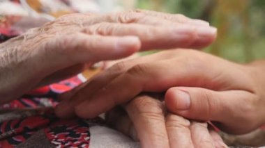 Rahatlatıcı ve açık diğer her okşayarak genç erkek ve kırışmış eller. Torun ve Büyükanne dışarıda birlikte vakit. Bakım ve sevgi kavramı. Yan görünümü ağır çekim kapatın