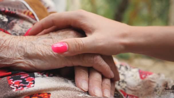 Gros plan du bras d'une jeune femme caressant une main âgée d'une vieille femme. Petite-fille et grand-mère passent du temps ensemble dehors. Concept bienveillant et aimant. Vue latérale Mouvement lent — Video