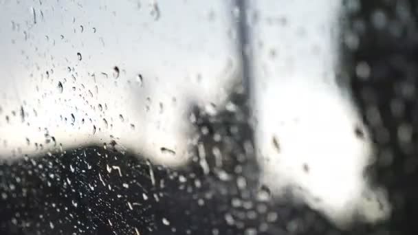 Close up of raindrops on car window during bad weather with blur background. Water droplets fall on the glass of automobile during drive at countryside. POV Slow motion — Stock Video