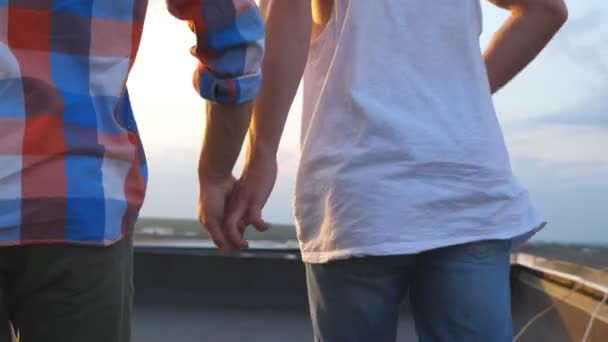 Vue arrière du couple masculin se tenant la main et faisant du jogging sur la terrasse du toit. Jeunes garçons gays courant au bord du toit et levant les bras. Beau paysage urbain en arrière-plan. Mouvement lent — Video