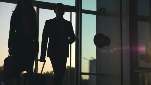 Empresário com seu colega feminino andando entre em terminal e rolar mala sobre rodas. Homem de negócios e mulher caminhando para o aeroporto ou prédio de escritórios juntos. Lento movimento Fechar — Vídeo de Stock