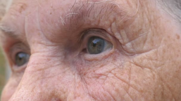 Cerrar la cara arrugada de la vieja abuela mirando a la distancia con una triste vista. Retrato de una mujer madura jodiendo fuertemente sus ojos grises. Expresión facial de la señora mayor. Movimiento lento — Vídeo de stock