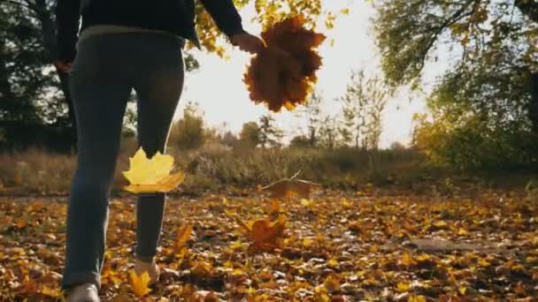 Elinde bir buket sarı akçaağaç yapraklarıyla sonbahar parkında koşan genç bir kadın. Renkli sonbahar ormanlarında canlı düşen yapraklarla eğlenen bir kız. Güneş çevreyi aydınlatır. Yavaş çekim — Stok video