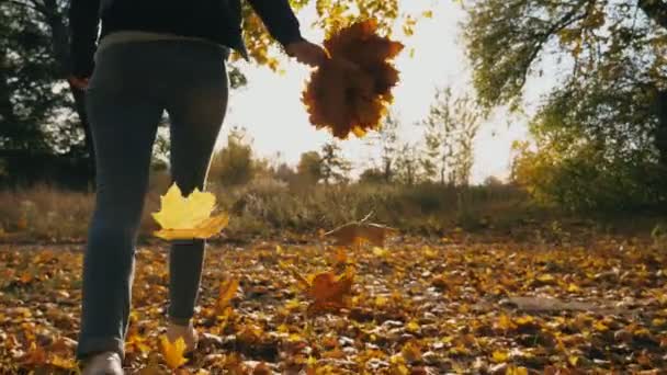 Mujer joven corriendo por el parque de otoño con ramo de hojas de arce amarillo en la mano. Chica divirtiéndose en colorido bosque otoñal con follaje caído vívido. El sol ilumina el entorno. Movimiento lento — Vídeos de Stock