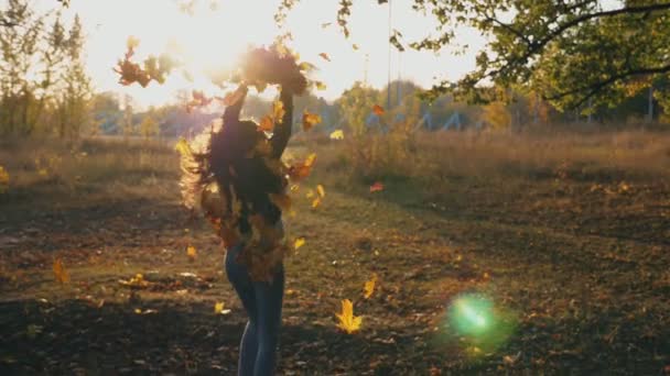 Jonge vrouw steekt haar handen op en draait rond spreidende herfstbladeren. Gelukkig meisje met vrolijke emoties met zonsondergang op de achtergrond. Lady genieten van prachtige herfst omgeving. Slow mo close-up — Stockvideo