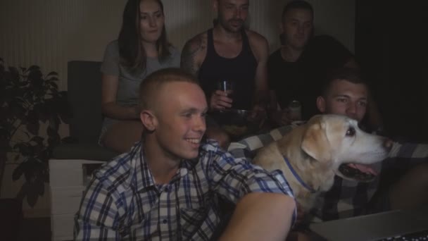 Bliska młoda grupa ludzi z Golden Retriever zabawy oglądania filmu komediowego na laptopie w domu. Szczęśliwych przyjaciół z Labrador patrząc online TV show na komputerze w nocy. Dolly strzał zwolnionym tempie — Wideo stockowe