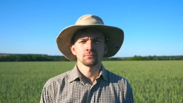 Portrait de jeune fermier beau regardant dans la caméra et montre différentes émotions dans le champ de blé vert. Gros plan de différentes expressions faciales masculines dans la prairie. Ciel bleu en arrière-plan — Video