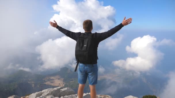 Menino turista em pé no pico da colina e vitoriosamente estendendo os braços. Um tipo a desfrutar da liberdade durante as viagens de Verão. Jovem caminhante do sexo masculino com mochila chegando ao topo da montanha e levantando as mãos — Vídeo de Stock