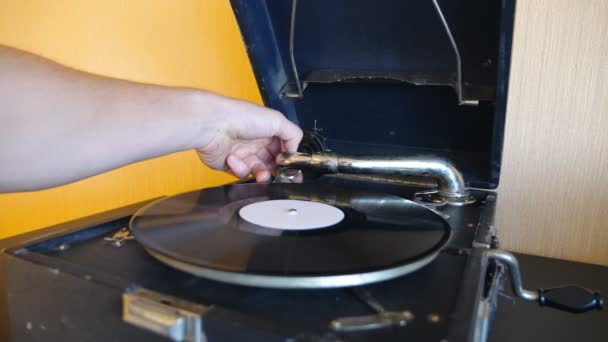 Manliga hand sätta Stylus med nål på svart vinyl rekord och slå på Vintage Grammofon. Oigenkännlig man lyssnar på klassisk musik på fritiden. Slow motion närbild — Stockvideo