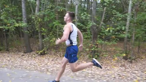 Handsome strong sportsman with wireless headphones sprinting fast along trail near forest. Sporty man running along road at nature. Athletic guy exercising at early autumn. Healthy active lifestyle — Stock Video