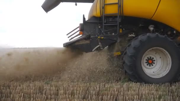 大きなコンビネーションホイールのクローズアップはゆっくりと回転し、フィールドに乗ります。田舎で働く収穫機は、熟した小麦の作物を集め、後ろにわらを投げる。収穫の概念。スローモーションサイドビュー — ストック動画