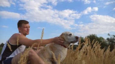 Genç adam çayır, yeşil çimenlerin üzerinde oturan ve köpeğini okşuyordu. Erkek sahibi ile birlikte onun labrador veya doğa adlı golden retriever vakit. Yavaş hareket kapatmak