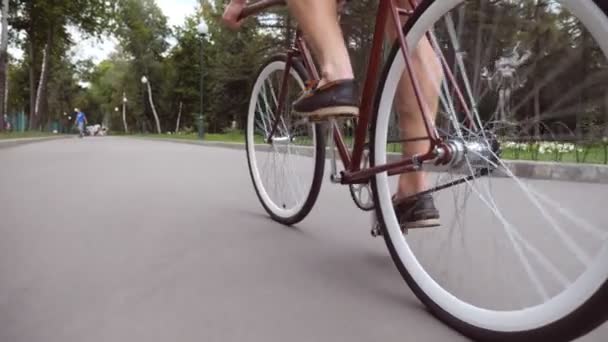 公園の道路でヴィンテージの自転車に乗っている若者。アウトドアをサイクリングするスポーティ男。健康的な生活様式。ビューの低角度を閉じるスローモーション — ストック動画