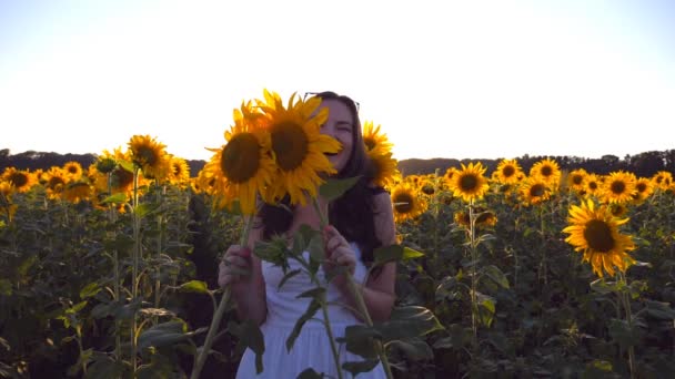 Молодая улыбающаяся женщина играет с подсолнухом на поле под голубым небом на закате. Забавная девушка прячется за цветами. Front view Медленное движение — стоковое видео