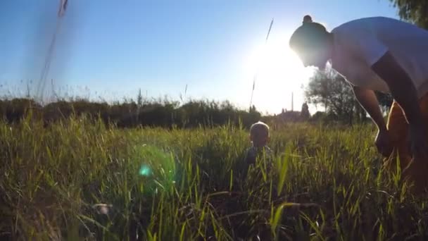 幸せな家族は牧草地で一緒に時間を過ごし、自然を楽しんでいます。若いお父さんと小さな息子は、フィールドでリラックスブロンドの髪を持っています。背景に美しい風景。ローアングルビューをクローズアップ — ストック動画