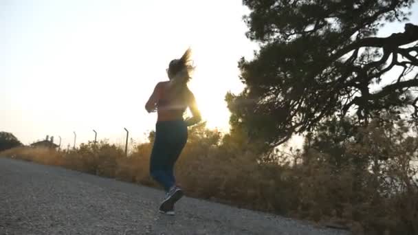 Siguiendo a chica deportiva trotando en la carretera del campo al amanecer. Mujer joven corriendo al aire libre por la mañana. Vida activa saludable. Movimiento lento — Vídeo de stock