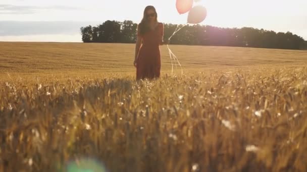 Elinde balonlarla altın buğday tarlasında yürüyen kahverengi saçlı genç kadın. Kırmızı elbiseli güzel kız arka planda güneş ışığı ile arpa plantasyon arasında gidiyor. Özgürlük kavramı. Yavaş mo — Stok video