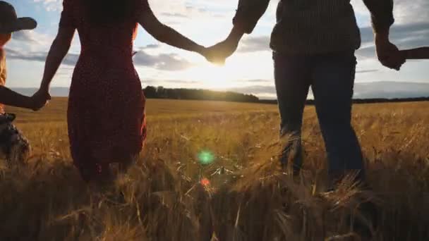 Gelukkige familie met twee kinderen die handen van elkaar vasthouden en door tarwe veldlopen bij zonsondergang. Jong paar ouders met kinderen joggen tussen gerst weide en genieten van de natuur samen — Stockvideo