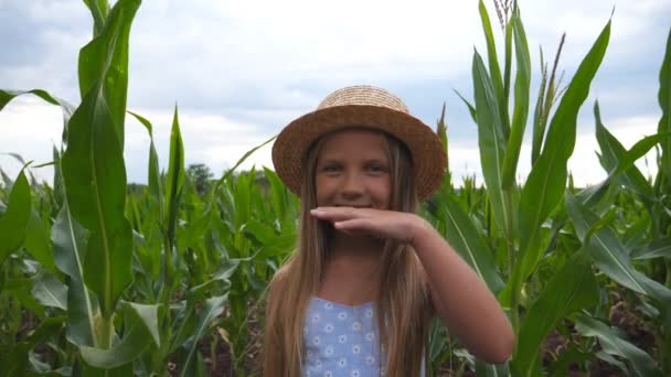 Atractiva niña pequeña mirando a la cámara y enderezando su largo cabello rubio contra el fondo del campo de maíz. Retrato de niña feliz sonriente en sombrero de paja de pie en el prado. De cerca. — Vídeo de stock