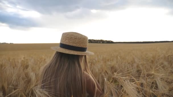 밀밭에 앉아 흐린 날에 시리얼 스파이크렛을 가지고 노는 밀짚 모자를 쓴 어린 아이. 보리 초원에서 시간을 보내는 긴 금발 머리와 작은 소녀. 돌리 샷 슬로우 모션 — 비디오