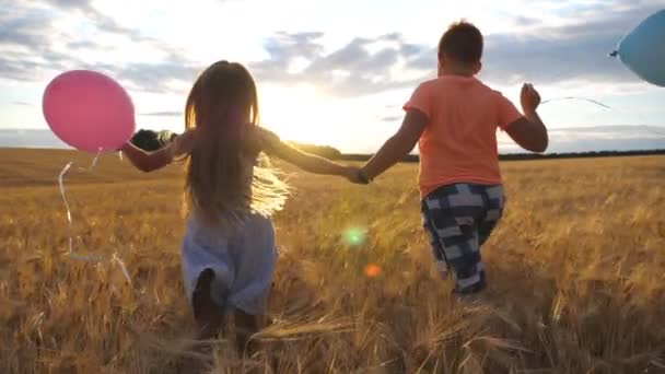 小さなブロンドの女の子と赤髪の男の子が手を取り合って小麦畑を走っています。日没時に大麦のプランテーションの間で風船をジョギングしている小さな子供たちのカップル。愛の概念 — ストック動画