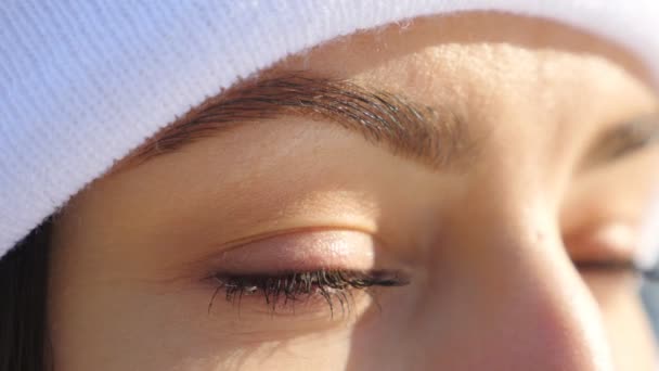 Vista detalhada da mulher olhos castanhos olhando ao redor. Menina atraente de pé na floresta de inverno e admirando bela vista. Fechar o rosto feminino. Movimento lento — Vídeo de Stock