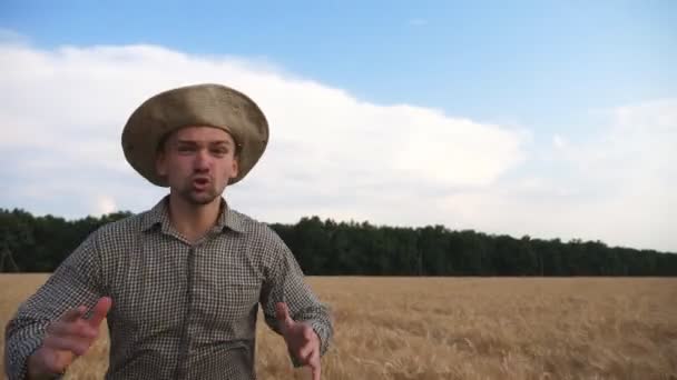 Giovane agronomo infastidito correre alla telecamera attraverso il campo di grano e cercando di catturare qualcuno. Un contadino arrabbiato che fa jogging tra i prati di cereali e cerca di cacciare qualcuno dalla piantagione. Vista frontale — Video Stock