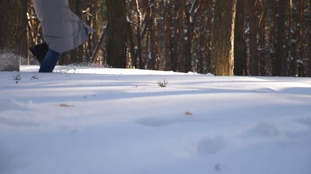 Pies femeninos corriendo por el bosque de invierno. Chica irreconocible trotando pisando nieve profunda. Mujer pasar tiempo al aire libre disfrutando de la libertad y hermoso día de invierno. Cámara lenta Vista baja Dolly shot — Vídeos de Stock
