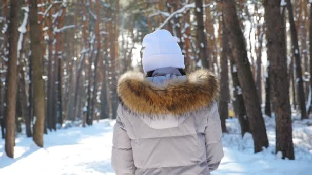 Baksidan av kvinnan promenader i solig vinterskog. Oigenkännlig flicka njuter av promenera genom snöiga trä höja händerna. En bekymmerslös dam som kopplar av utomhus. Vackert landskap. Långsam mo Närbild — Stockvideo