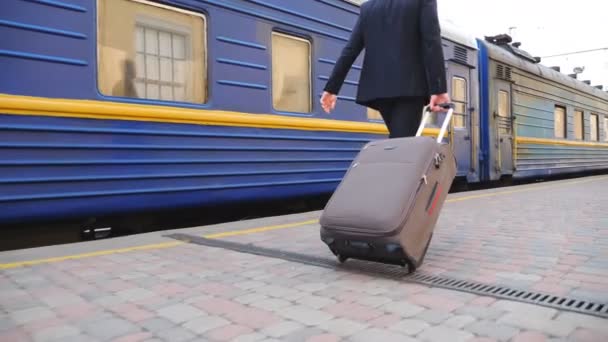 Onherkenbare succesvolle zakenman in zwart formeel pak lopen langs het platform en trekken koffer op wielen. Jonge zelfverzekerde man met zijn bagage wandelend in de buurt van passerende trein. Trage beweging Achteraanzicht — Stockvideo