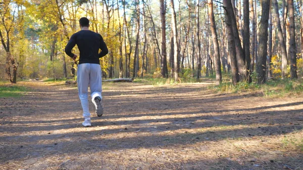Hombre Irreconocible Corriendo Rápido Por Sendero Del Bosque Día Soleado — Foto de Stock