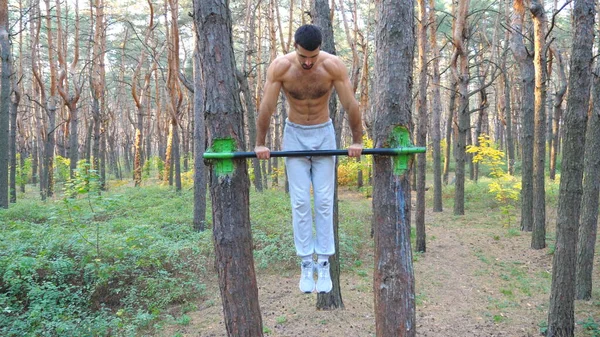 Сильный Мускулистый Человек Делает Упражнения Горизонтальной Полосе Красивом Лесу Мужчина — стоковое фото
