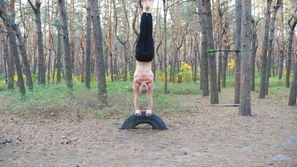 Muskelmandstræning Skov Gør Håndstand Stærk Gymnast Arbejder Naturen Miljø Atleten - Stock-foto