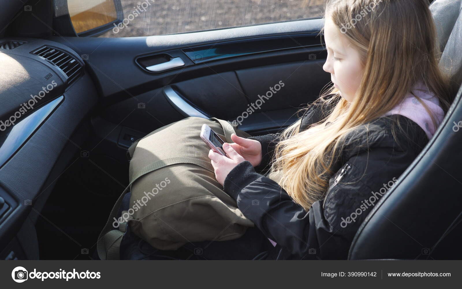 Little Girl Sits Front Passenger Seat Car Browses Social Media Stock