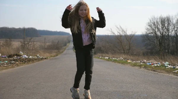 Cheerful Female Child Long Blonde Hair Dances Funny Road Countryside — Stock Photo, Image