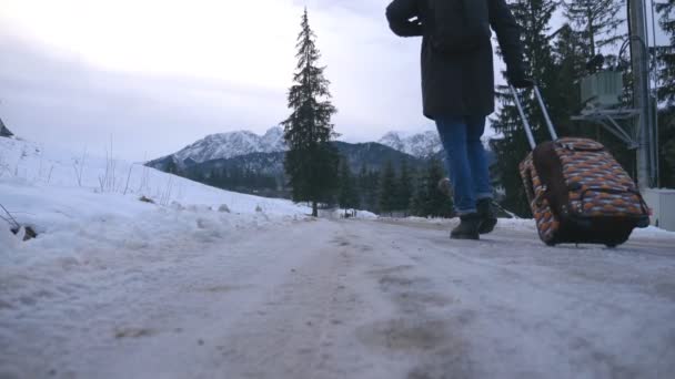 Vista baja del hombre irreconocible camina por el sendero y tirando de la maleta sobre ruedas durante el día de invierno. El joven va con su equipaje por el camino nevado. Paisaje de montaña al fondo. Vista trasera Cámara lenta — Vídeo de stock