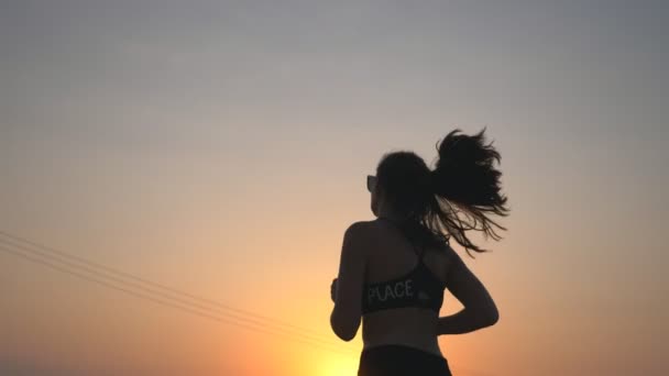 Chica delgada activa trotando en el camino del campo con el cielo de la noche en el fondo. Mujer deportista irreconocible haciendo entrenamiento de carrera. Joven mujer deportiva haciendo ejercicio al aire libre al atardecer. Estilo de vida saludable. — Vídeos de Stock