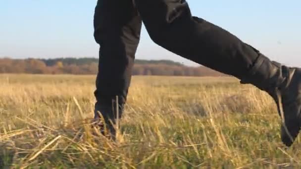 Pés de soldado de botas pretas atravessam o campo e pisam na grama seca. Atleta masculino está treinando e exercitando ao ar livre. Bela natureza no fundo. Conceito militar. Lento movimento Fechar — Vídeo de Stock