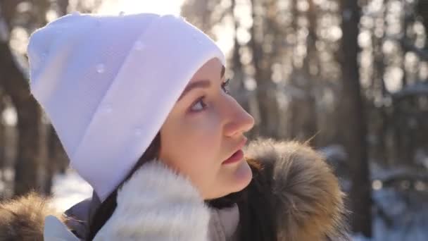 Retrato de mulher morena andando e admirando belas paisagens de inverno. Menina bonito passando pela floresta de inverno olhando ao redor. Senhora a passear no dia de inverno ensolarado. Conceito de inverno. Movimento lento — Vídeo de Stock