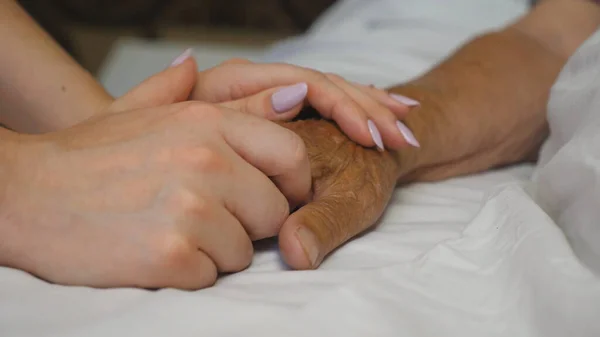 Torunu tıbbi klinikte büyükannesinin elini tutuyor ve onu rahatlatıyor. Kız, hasta, olgun bir annenin yatakta yatan kırışık koluna nazikçe dokunuyor. İlgi ve sevgi kavramı. Yavaş çekim.