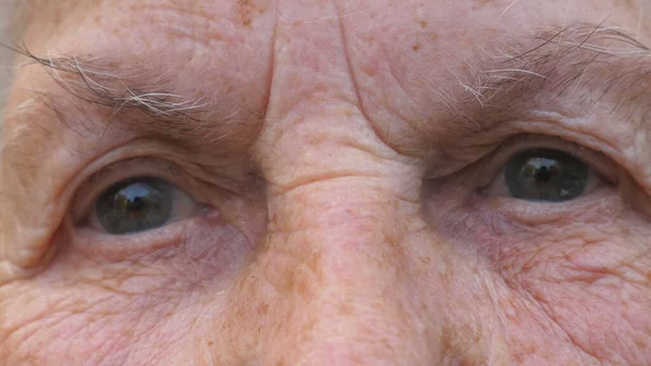 Portret Starszej Babci Spogląda Kamerę Smutnym Widokiem Zamknij Szare Oczy — Zdjęcie stockowe